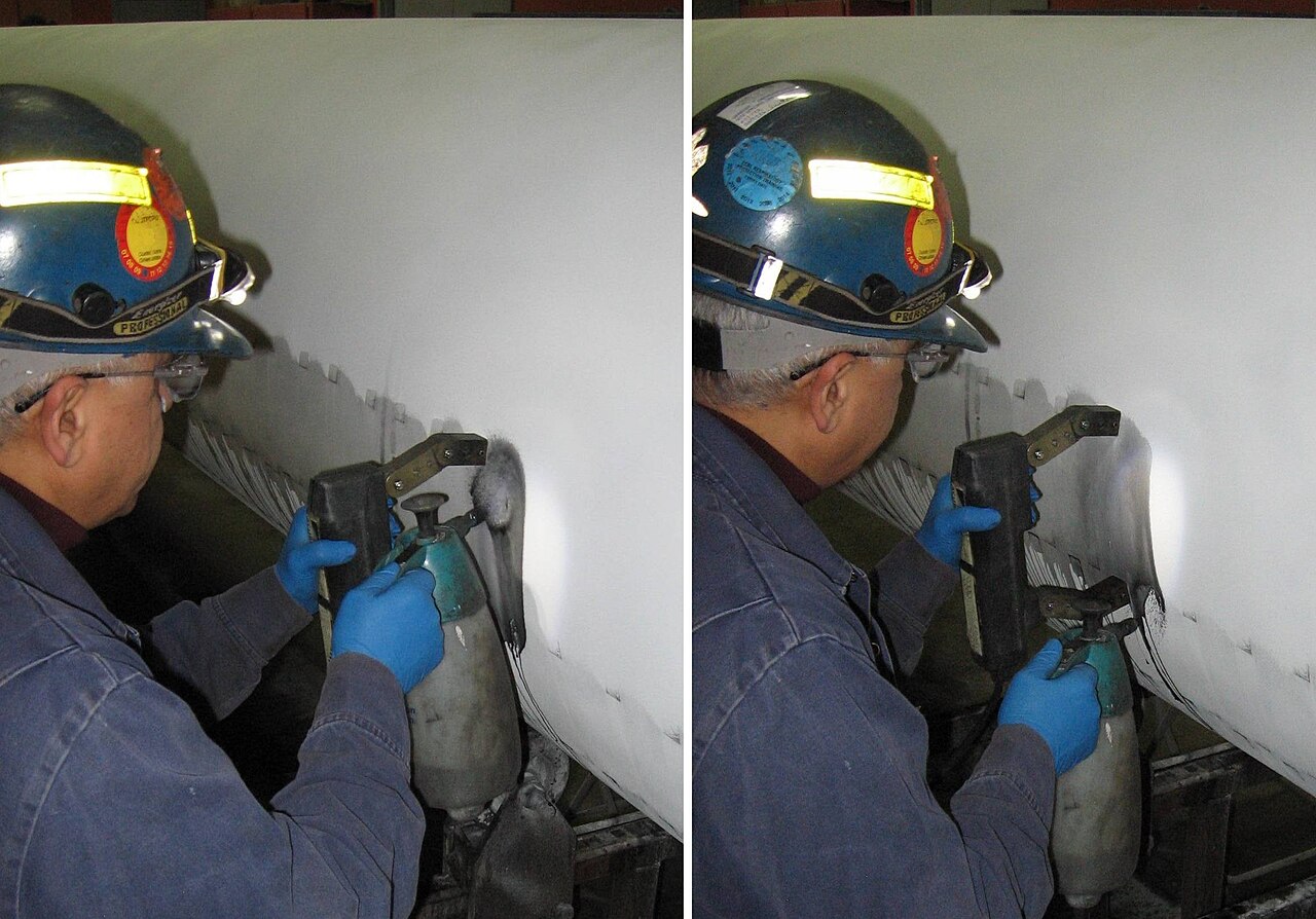 Fluorescent inspection revealing a crack under UV light