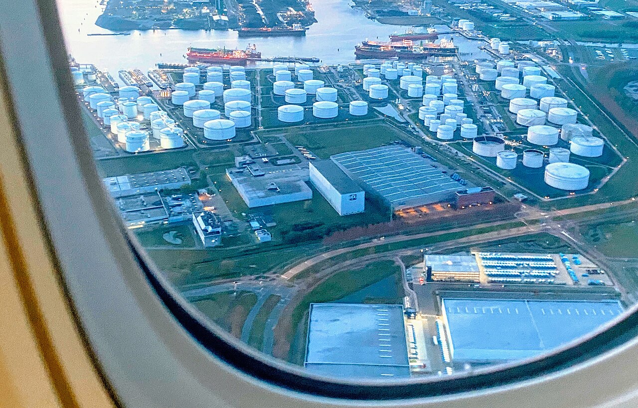 Aerial view of an oil storage tank farm